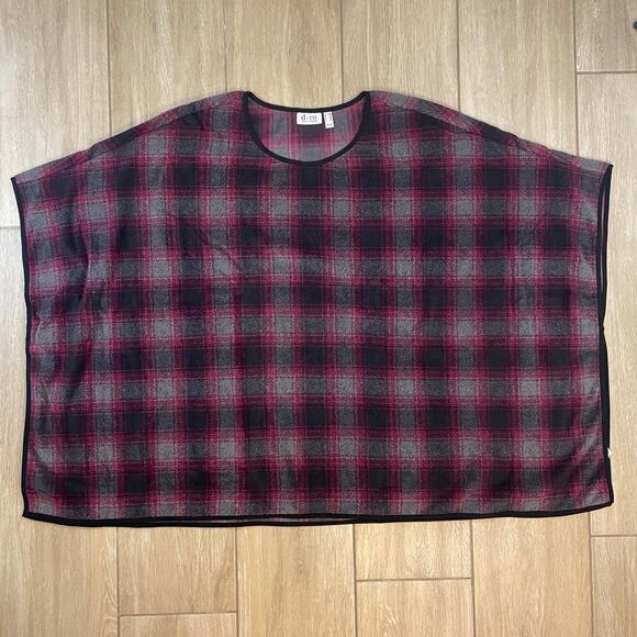 Denim & Co Plaid Fleece Poncho Top 2X/3X Red Black Pullover Plaid Cape QVC NWT - Picture 1 of 10